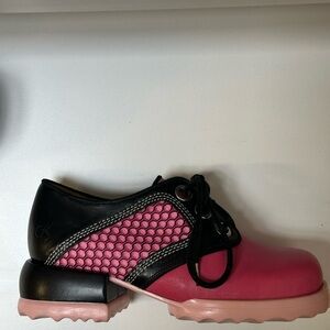 John Fluevog Pink and Black Flats with Unique Design